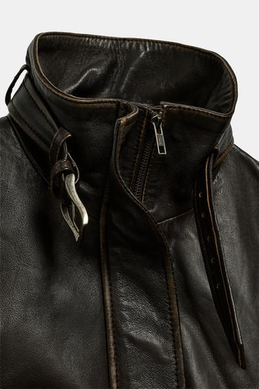 CAZADORA PIEL 100% DESGASTADA - Marrón oscuro de Zara