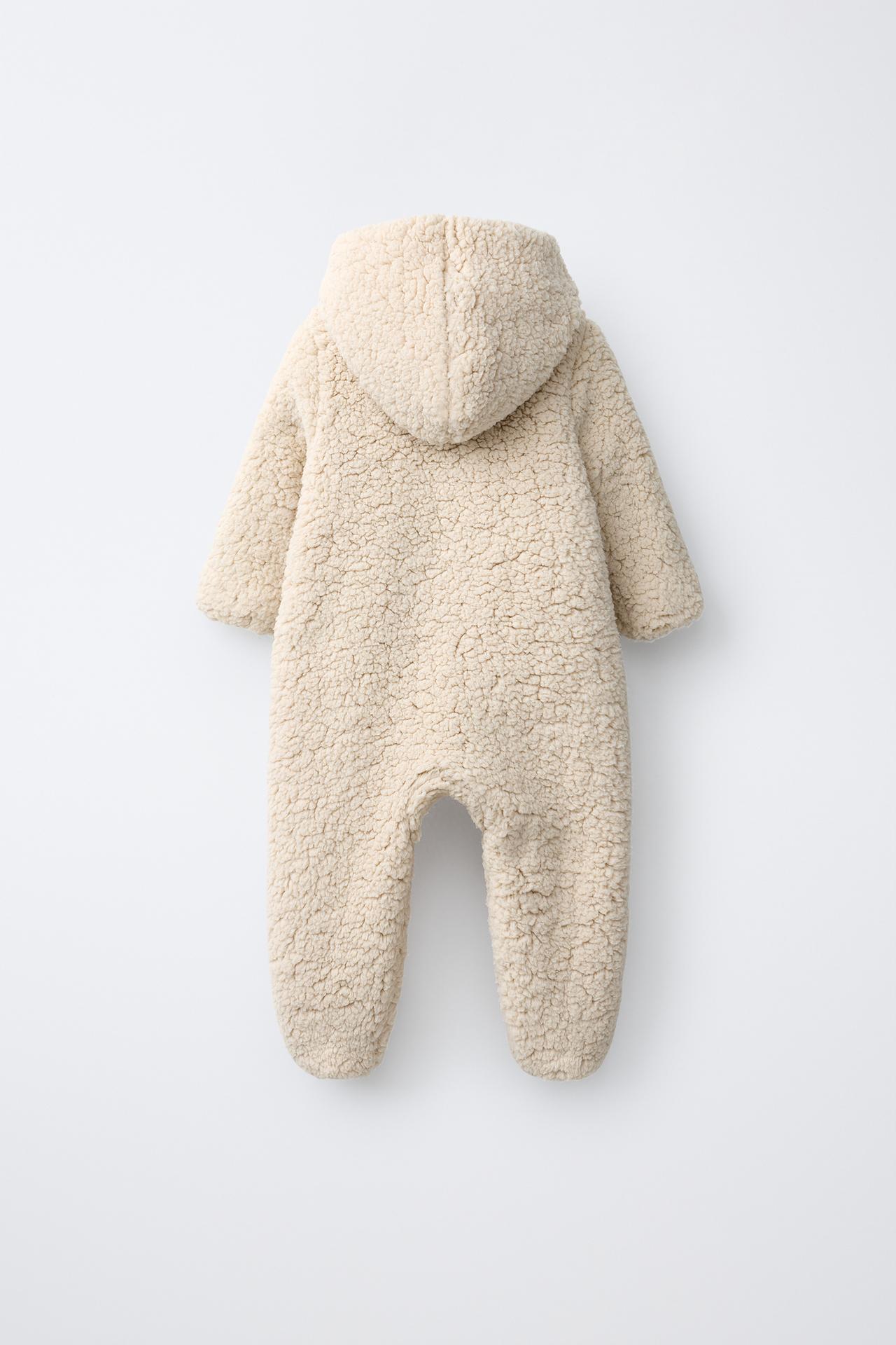 FAUX SHEARLING HOODIE JUMPSUIT — Light beige