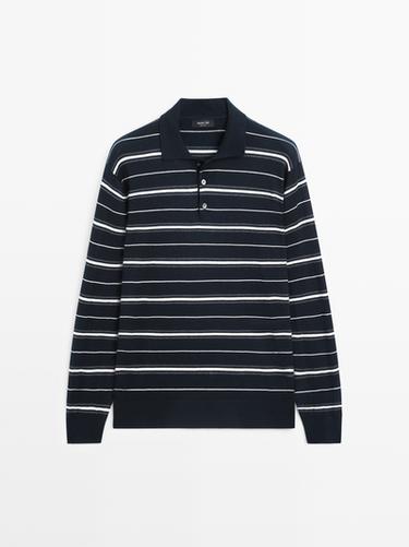 Pull polo à rayures en maille de coton mélangé - Bleu marine de Zara