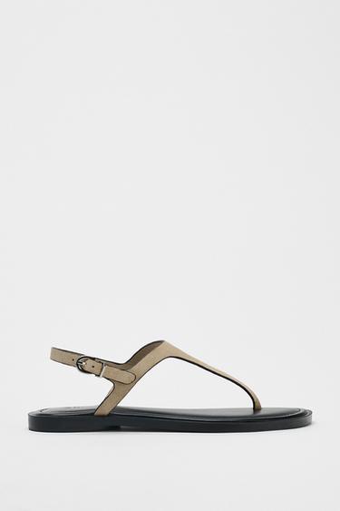 Zara LEATHER BUCKLE STRAP SANDALS - Sandy Brown