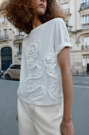 T-SHIRT FLEUR VOLUME - Blanc de Zara - Image 1