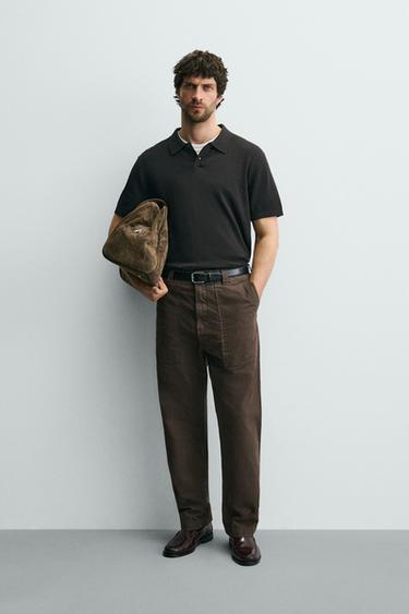 Zara RIBBED KNIT POLO SHIRT - Chocolate