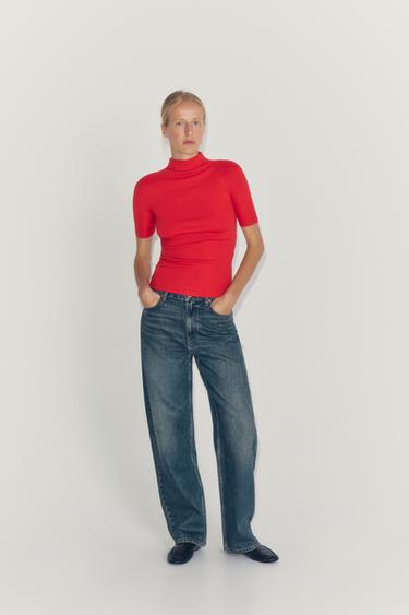 BUTTONED STAND-UP COLLAR T-SHIRT — Red 2