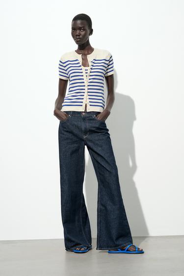 Zara STRIPED KNIT SHORT SLEEVE JACKET - Ecru / Blue - Image 0