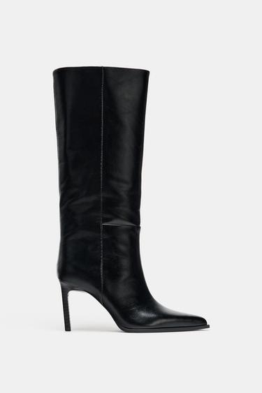 Zara HEELED LEATHER BOOTS - Black