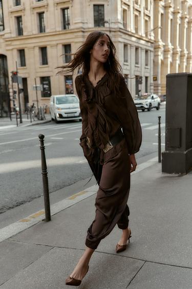 FLOWING SHIRT WITH RUFFLE TRIMS - Brown by Zara - Image 2