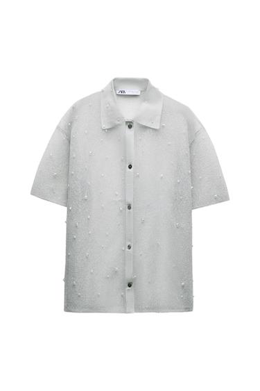 SEMI-SHEER KNIT SHIRT WITH FAUX PEARLS