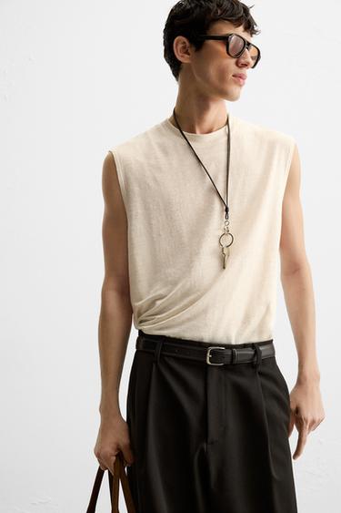 100% LINEN TANK T-SHIRT - Ecru by Zara - Image 4