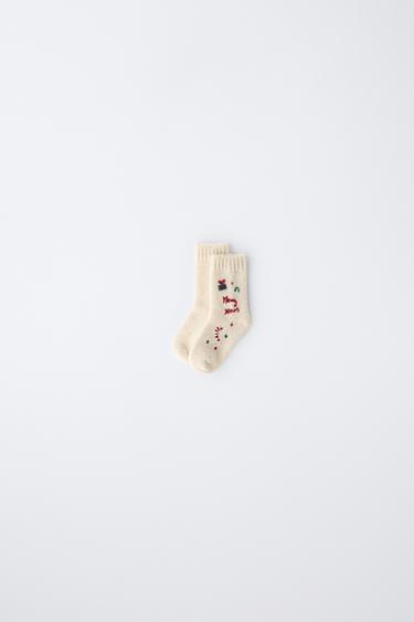 6-12 MONTHS/ EMBROIDERED WOOL SOCKS - Mid-ecru by Zara