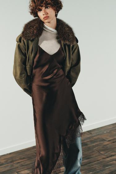 REMOVABLE COLLAR FAUX SUEDE JACKET - Khaki by Zara - Image 1