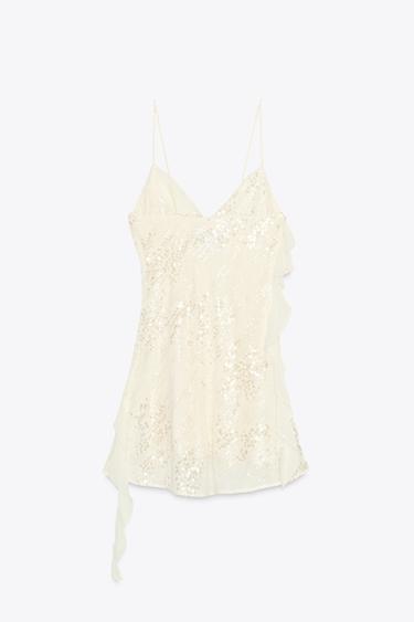 ROBE COURTE SEQUINS VOLANTS - Blanc cassé de Zara - Image 4