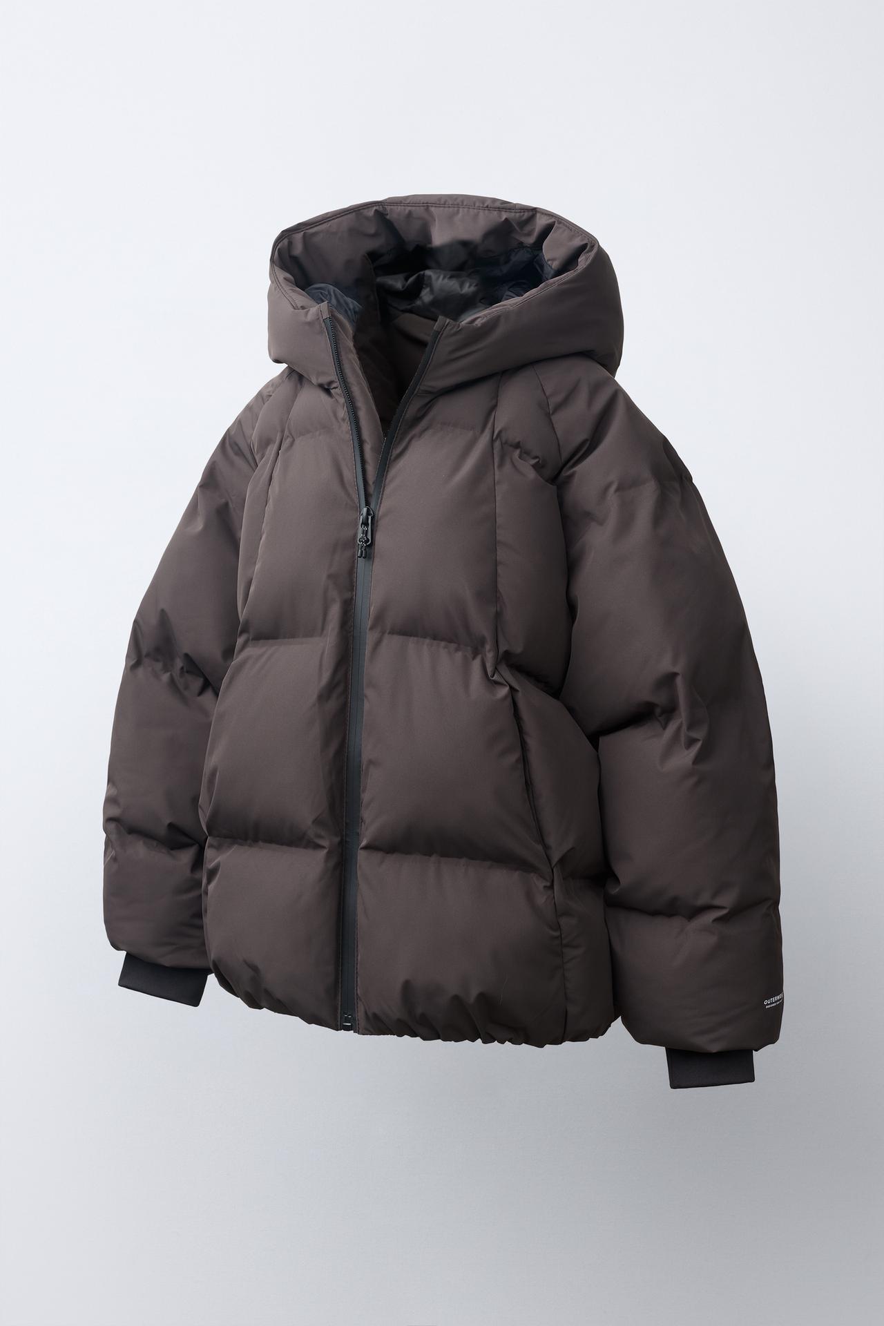 WATER-REPELLENT HOODED PADDED JACKET — Dark brown