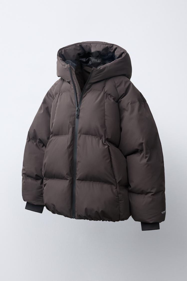 WATER REPELLENT PUFFER HOODIE JACKET — Dark brown