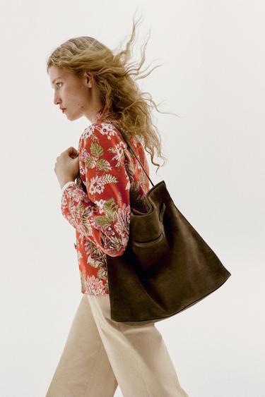 Zara SUEDE SHOULDER BAG - Khaki Green