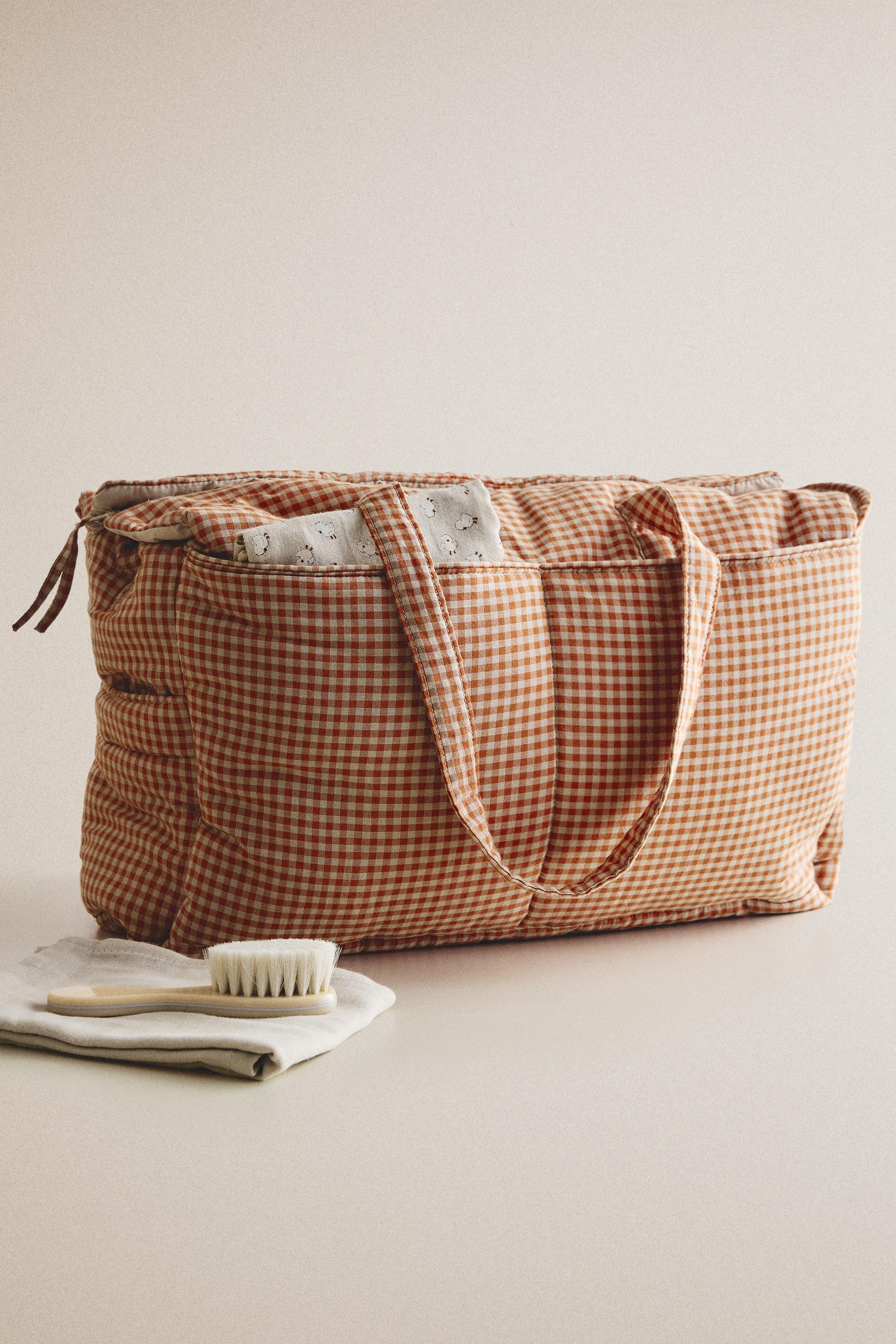 GINGHAM COTTON DIAPER BAG — Dark orange