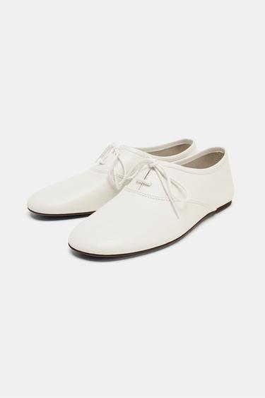 FLAT LACE-UP LEATHER SHOES - Ecru White by Zara - Image 4