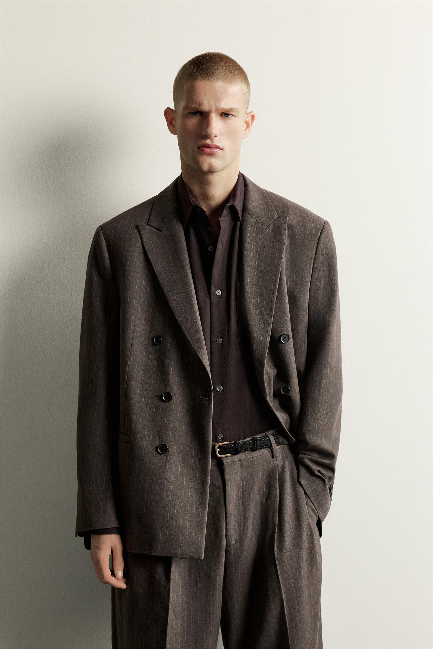 Мужской пиджак Zara Pinstripe Double-Breasted Suit Blazer, цвет: Коричневый — фото 2