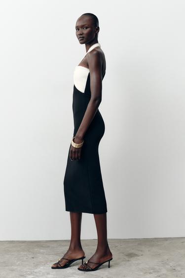 STRETCH MIDI DRESS WITH TIE - Black / White by Zara - Image 2