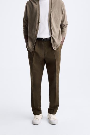 Zara PLEATED COTTON - LINEN PANTS - Brown