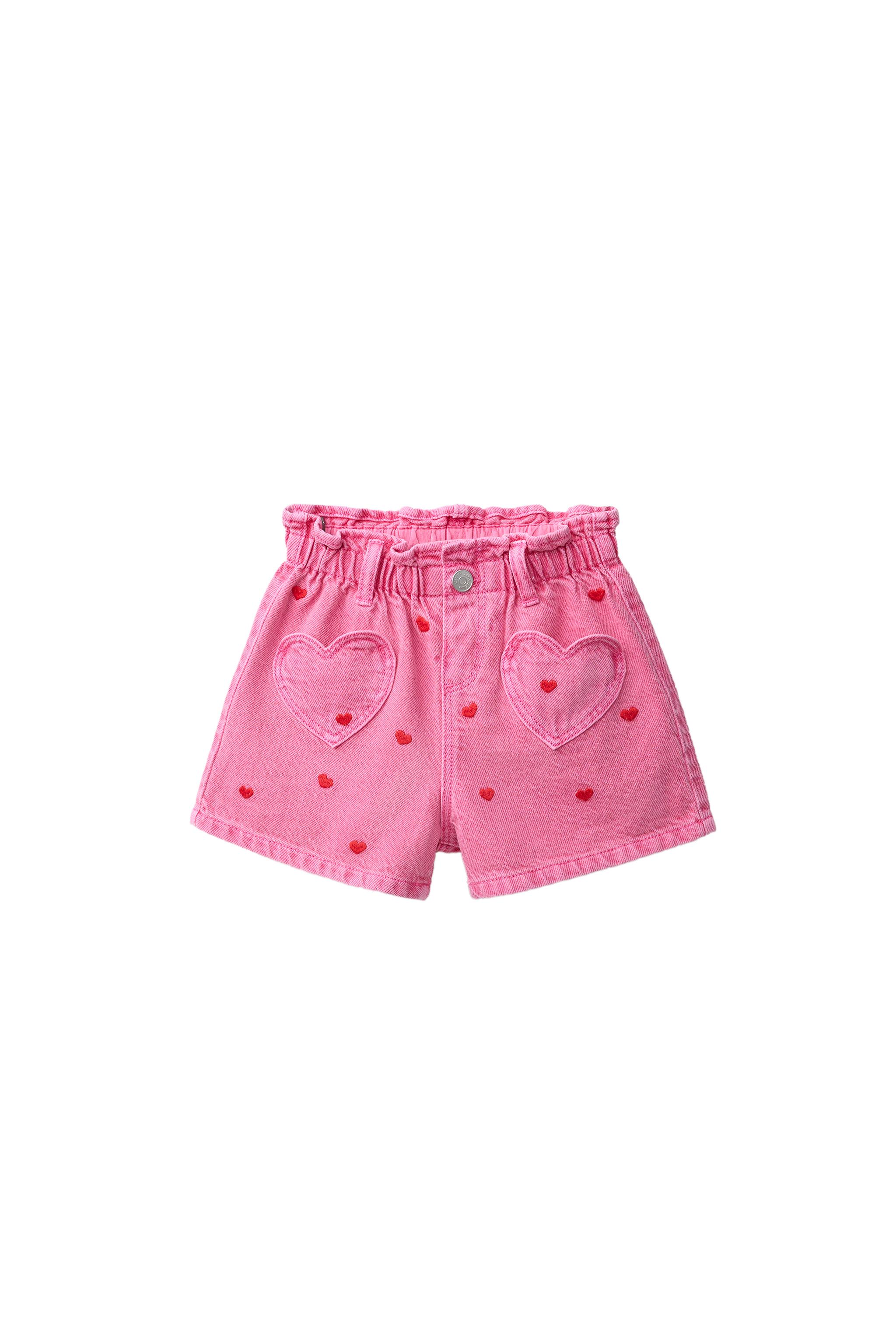 EMBROIDERED HEART PAPERBAG DENIM SHORTS — Pink