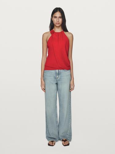 Zara Knit cotton top with floral detail - Red