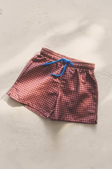 KIDS' CHECK BEACH SWIMMING TRUNKS - Burgundy by Zara
