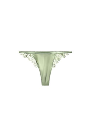 EMBROIDERED SATIN THONG - Ecru / Beige by Zara