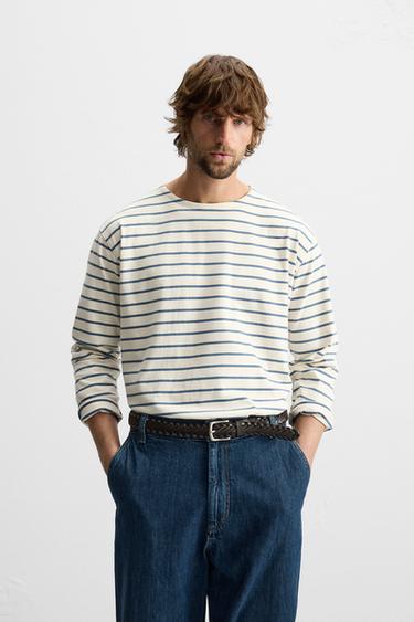 JACQUARD T-SHIRT MET STREPEN - Ecru / Blauw van Zara