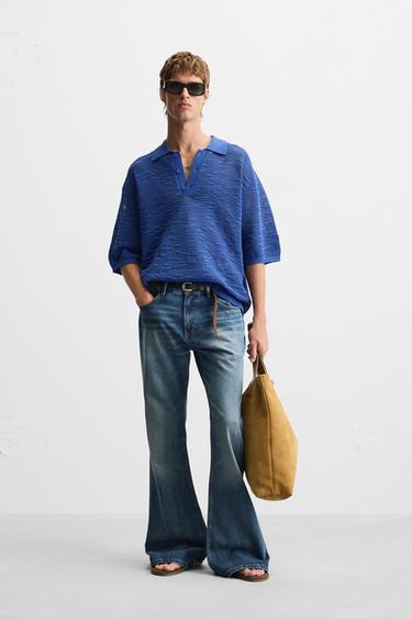 Zara KNIT LACÉ POLO SHIRT - Blue - Image 0