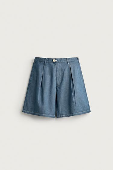 PANTALLONA TË SHKURTRA DENIM TË LEHTA ME PALOSJE - E kaltër nga Zara