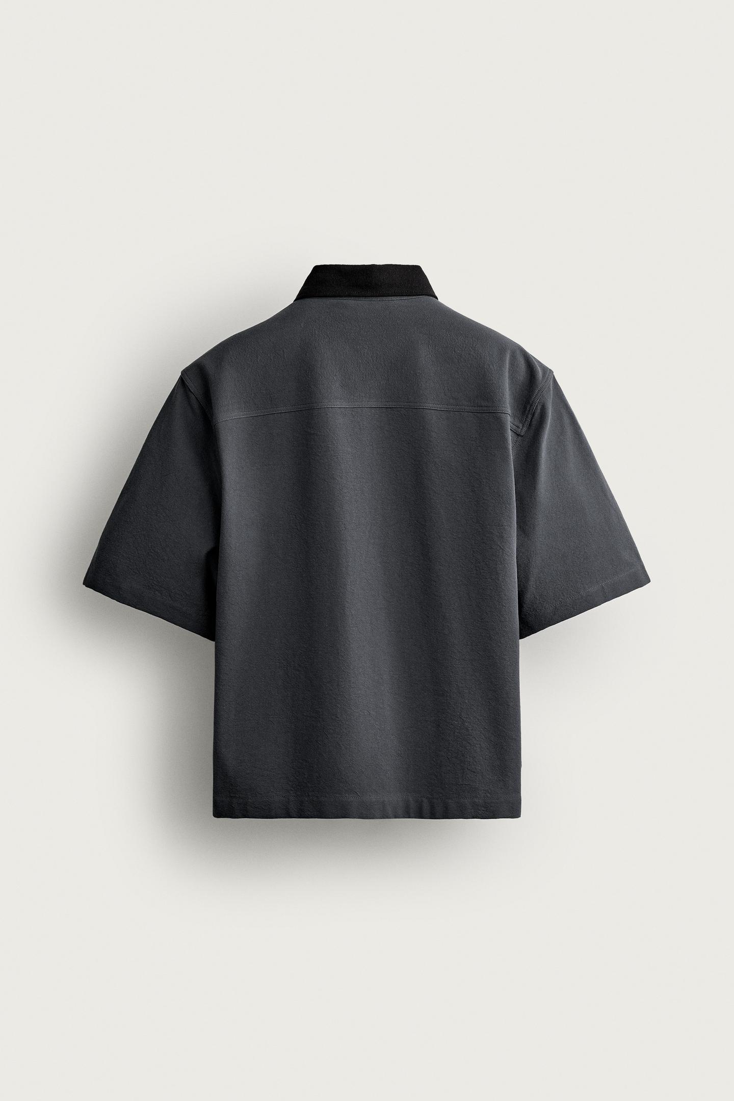 Мужская рубашка Zara Contrast Collar Pocket, цвет: Антрацитовый серый — фото 7