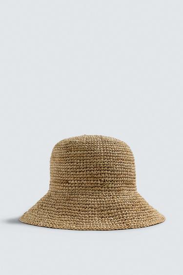 Zara RAFFIA BUCKET HAT - Light beige