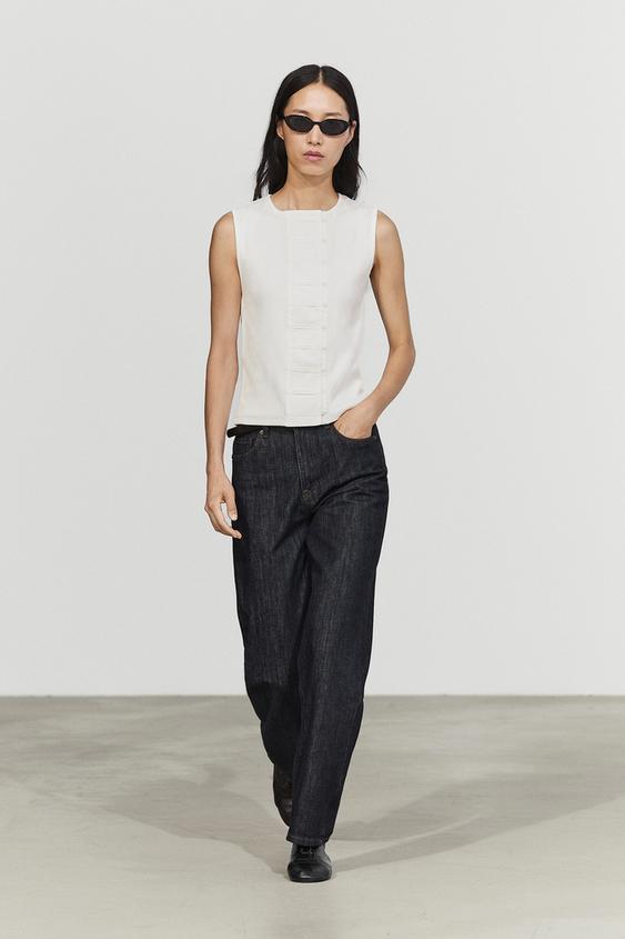 Zara Cotton blend bib detail T-shirt - Oyster-white - Image 0