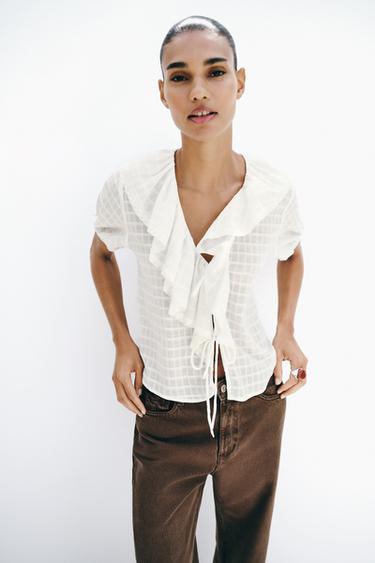 RUFFLED BLOUSE WITH BOWS - Oyster-white by Zara