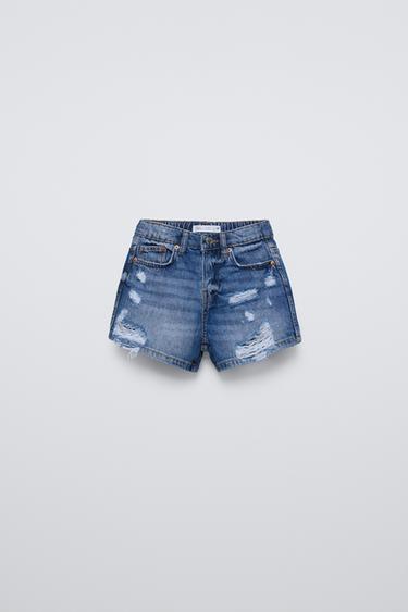 Zara RIPPED DENIM SHORTS - Blue