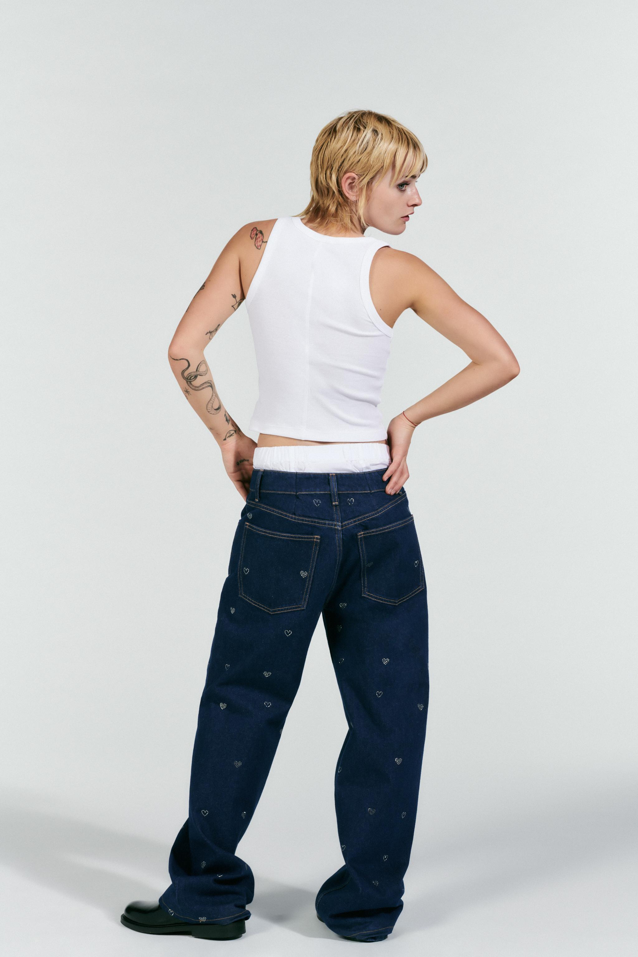 ZARA】スーパーワイドレッグ ラインストーンジーンズ - メルカリ