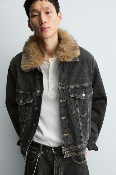 VESTE EN DENIM AVEC COL EFFET FOURRURE - Charbon de Zara - Image 4