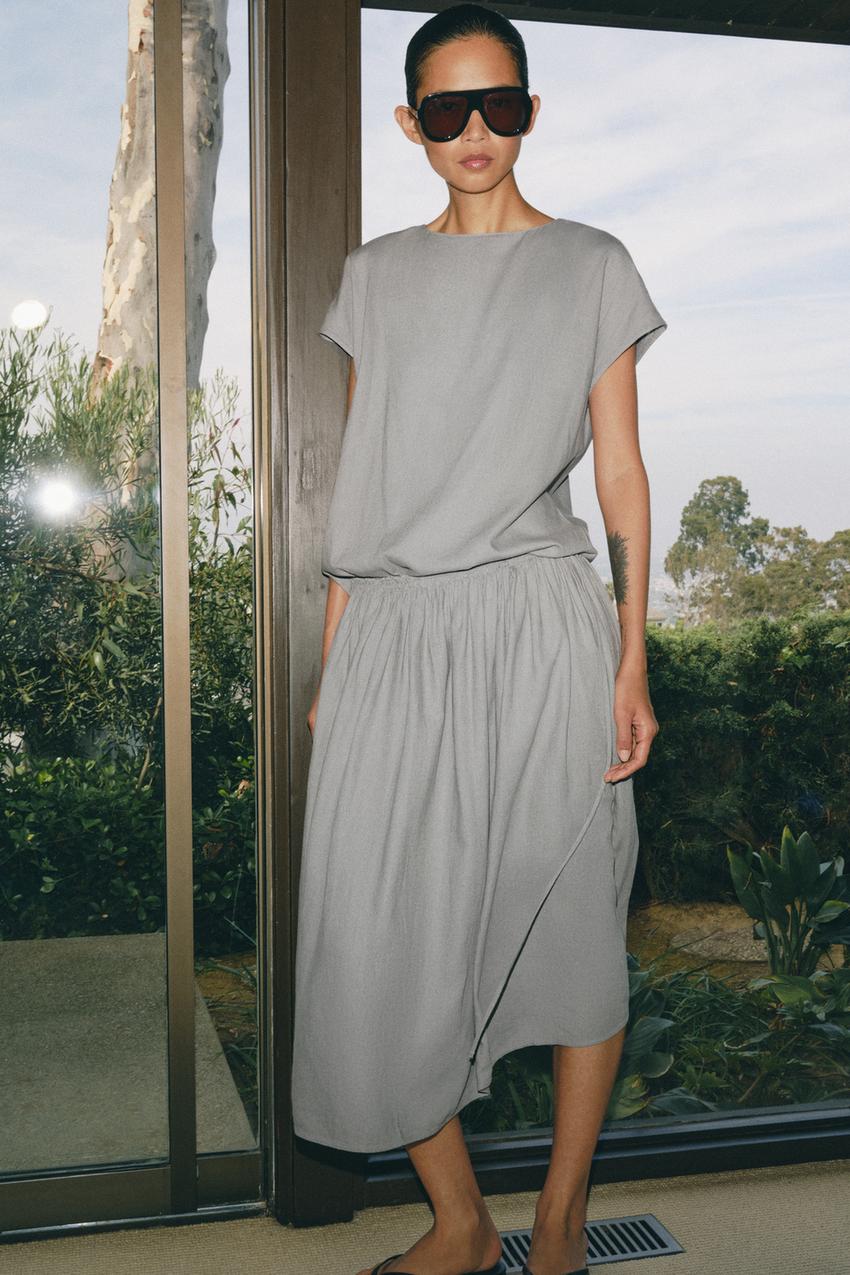 ZW COLLECTION LINEN BLEND MIDI DRESS - Gray | ZARA United States ZW COLLECTION LINEN BLEND MIDI DRESS - Gray | ZARA United States