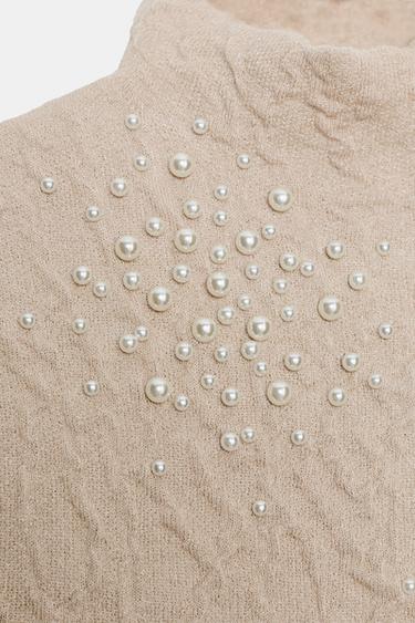 CRINKLE-EFFECT FAUX PEARL KNIT TOP - Beige-pink by Zara - Image 6