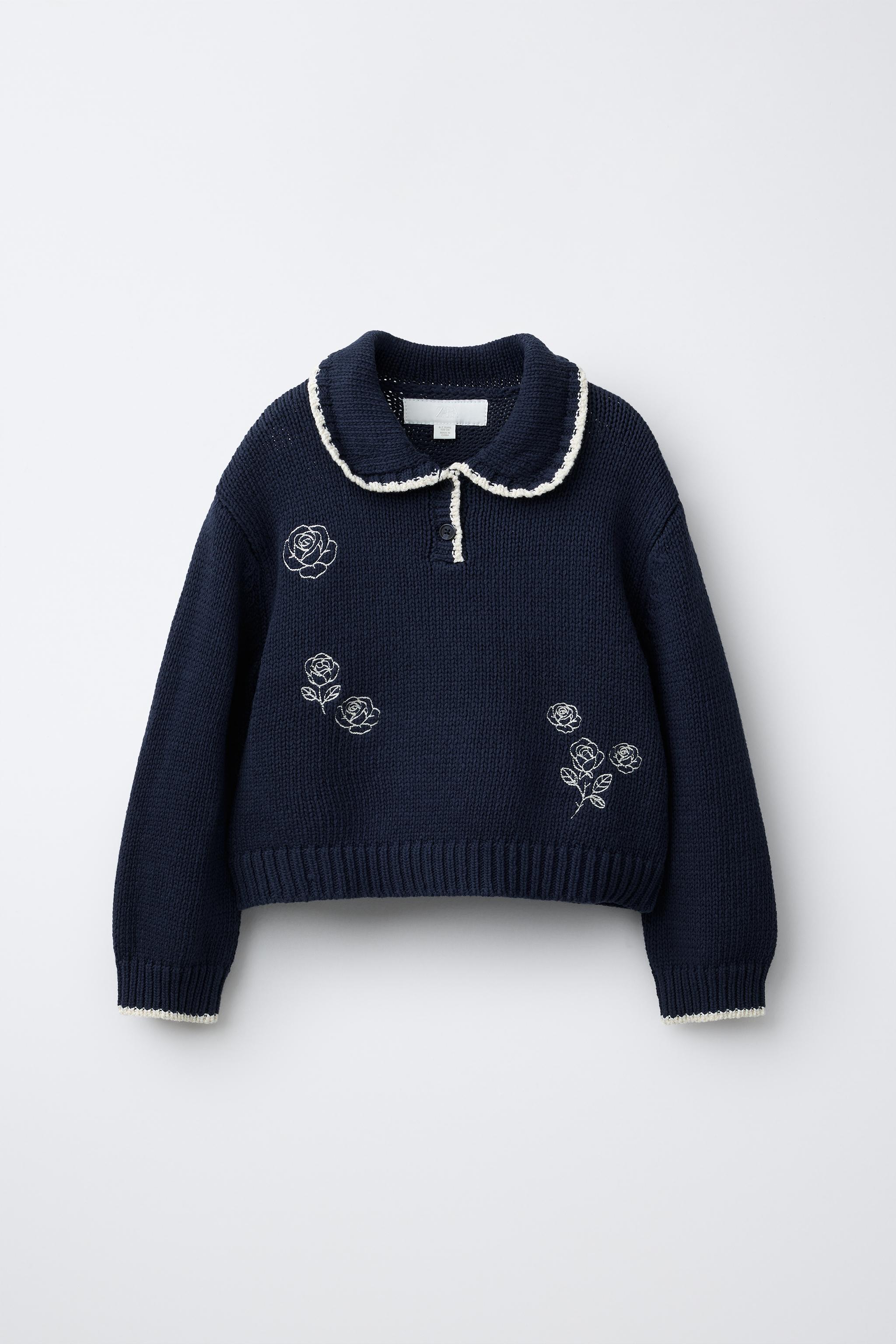 EMBROIDERED FLORAL PETER PAN COLLAR KNIT SWEATER - Blue | ZARA