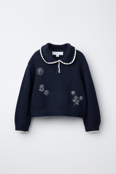 KNIT JUMPER WITH PETER PAN COLLAR AND EMBROIDERED FLOWERS - Blue by Zara