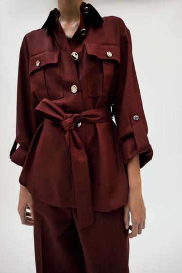 VESTE SAFARI EN LIN AVEC CEINTURE - Bordeaux de Zara - Image 3