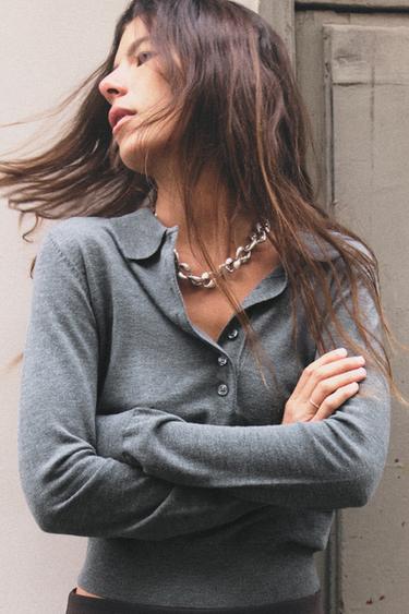 PLAIN KNIT POLO SHIRT - Grey marl by Zara - Image 0