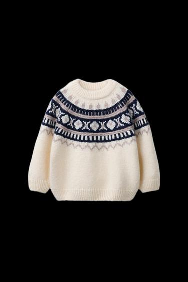 Zara JACQUARD KNIT SWEATER - Ecru / Blue - Image 0