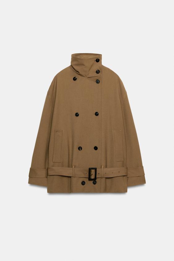 HIGH NECK BELTED JACKET - Caramel by Zara - Image 0