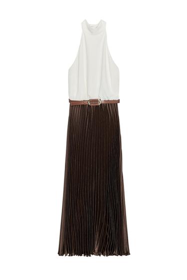 Zara PLEATED COMBINATION MIDI DRESS - Brown