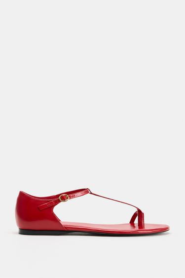 Zara STRAPPY LEATHER FLAT SANDALS - Red