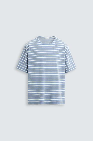 Zara STRIPED JACQUARD T-SHIRT - Blue / White