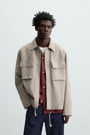 Zara SUEDE LEATHER JACKET WITH POCKETS - Light mink