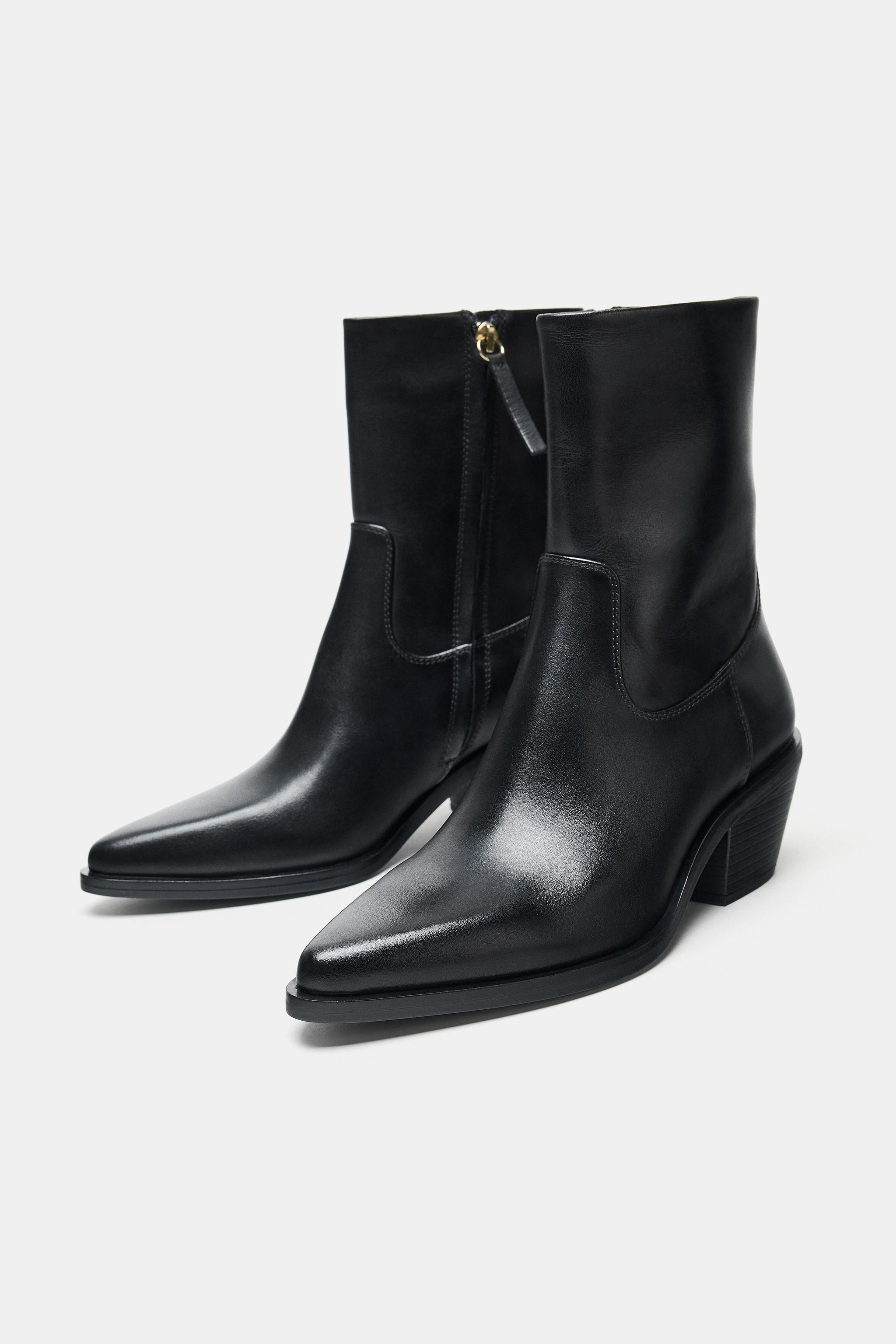 LEATHER COWBOY ANKLE BOOTS - Black | ZARA India